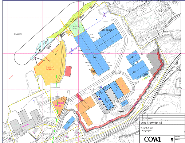 Figur 7-21: Dale industripark eksisterende bygg er blå og brune bygg er fremtidige. Sterkoder Mek.
