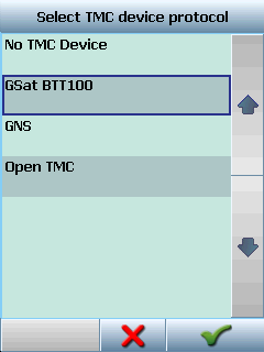 83 Navigator 7 12.3 TMC Ønsker du å bruke TMC - aktuell trafikk informasjon, under navigering, så må du stille inn TMC protokollen og TMC tjenesten. I menyen Innstillinger velger du TMC.