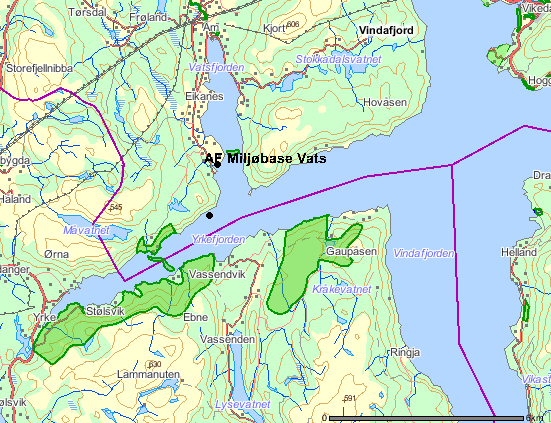 4.1.6 Naturområder Det er ikke lokalisert verneområder, nasjonalt eller regionalt viktige kulturlandskap eller friluftsområder i nærheten til de planlagte operasjonene i Yrkefjorden/Vatsfjorden.