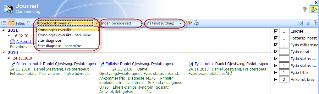 Øverst i vinduet kan man sortere journalelementene kronologisk eller etter diagnose. Man kan også filtrere på periode.