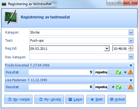 7.3.2.2 Registrere flere tester på samme person Her velger man først kategori. Da får man opp alle testene som er lagret med denne kategorien.