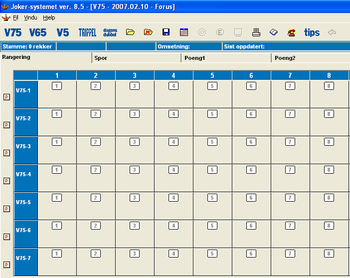 Jokersystemet foreslår automatisk nestkommende V75-omgang, som i dette tilfelle var 10.02.2007 på Forus. Om du vil endre til en annen dato, kan du klikke på (kalender).