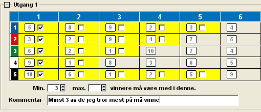 Ovenfor ser du at de fem best rangerte hestene er markerte og vilkåret er at minst 3 av dem må vinne.