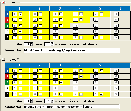 I neste eksempel skaper vi to vilkår (utganger): Utgang 1 (øverst) krever at minst en av dine tre best rangerte hester må vinne.