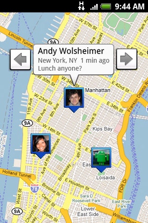 Kartvisning Når du åpner Google Maps viser det dine venners posisjoner. Hver venn er representert med et fotoikon med en pil som peker på hans eller hennes omtrentlige posisjon.