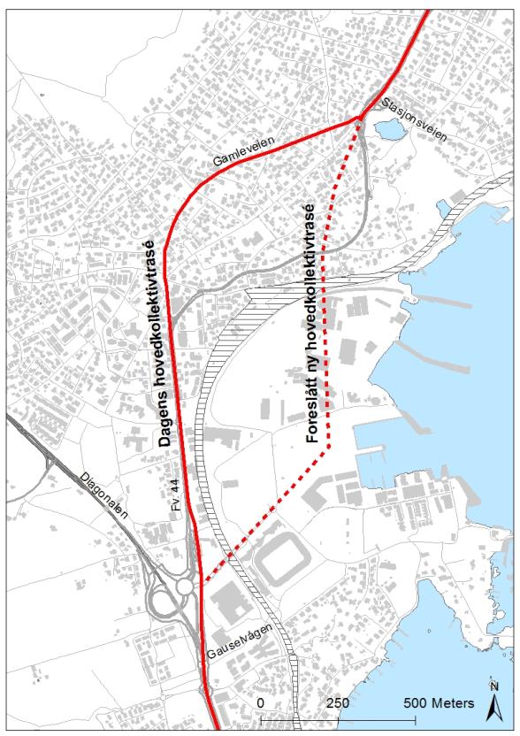 Med innstramming av parkeringsdekningen, bruk av felles parkeringsanlegg og med en hovedkollektivtrasé gjennom området, vil det ligge til rette for lik avstand mellom de ulike funksjonene og