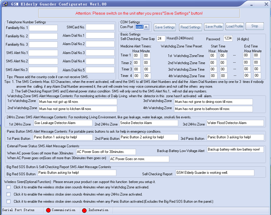 6.1 Still inn alarmen via PC-konfigurator. Varslingsnumre skrives i rubrikken «Familiarity», SMS-Varslingsnumre i rubrikken «SMS Alert» og Alarm-Oppringningsnumre i rubrikken «Alarm Dial».