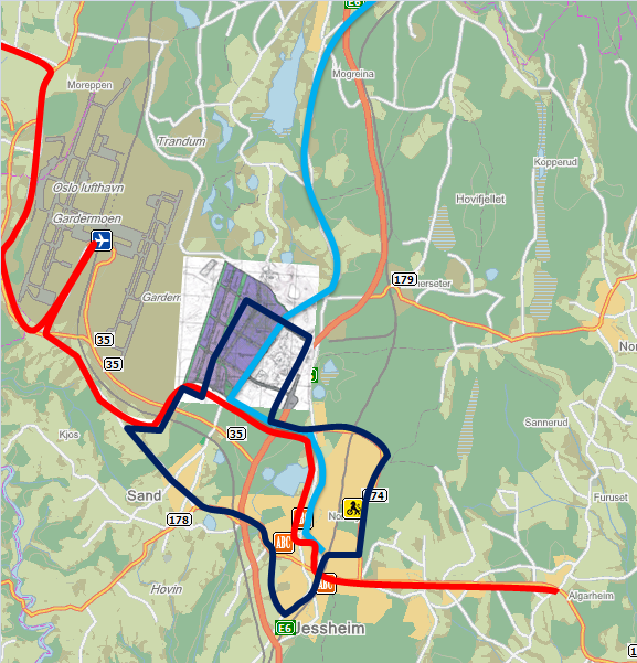 Ullensaker kommune Gardermoen næringspark II b og c Side 20 I alternativ 1 og 2 foreslås i tillegg etablert en helt ny ringbussrute i Jessheim: Ringrute ("888") Jessheim stasjon - Jessheim øst - GNP