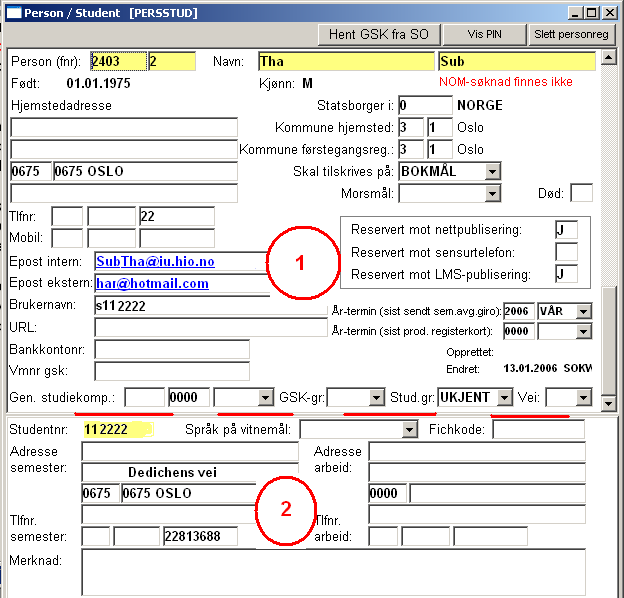 Bildet er todelt, og det nederste vinduet indikerer hvorvidt en person er student eller ikke. Er nederste del av vinduet (nedenfor den røde streken) blankt er personen ikke en student.