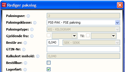 PSE-pakning Hvis varens prisenhet ikke er den samme som PSE (prissammenligningsenhet) for varegruppen, må det opprettes en PSEpakning. Denne pakningen skal ha pakningsklasse PSE.