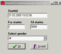 Funksjonen lar deg tildele starttider for gitte startnr intervall. Brukes kun på fellesstart og er tilgjengelig når klasseregisteret er aktivt.