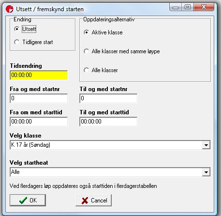 Fast starttid Alle startnummer som leses inn får starttiden som angis under. Første tid er starttid Første tid fra klokke er starttid, den andre er m åltid. Brukes når man har fleksibel start.