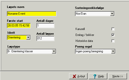 Oppstart Ny konkurranse etiming lagrer data i en databasefil som lages for hver arrangement. Filen heter alltid etime.mdb og legges i en egen katalog for hver konkurranse.