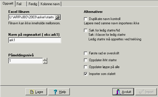 Importere data Fra et tidligere løp Du kan importere data fra tidligere løp. Se under oppstart for beskrivelse. Fra excel filer Programmet kan importere data fra excel ark.