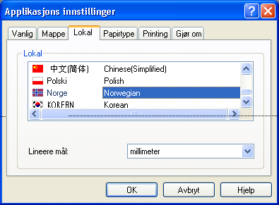 4.2.2 'Mapper'-fanen Angir katalogene til dokumenter, maler og importerte filer. Du kan taste inn adressen i feltet eller klikke på 'Bla igjennom'. 4.2.3 'Lokal'-fanen Angir språk og måleenheter.