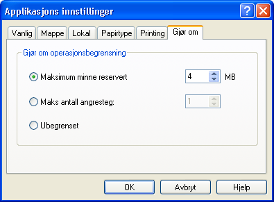 4.2.6 'Angre'-fanen Angir alternativer for angrekommandoen. Det er mulig å bestemme størrelsen på angreminnet, ved å begrense antall angretrinn, eller å tillate ubegrenset angring. 4.