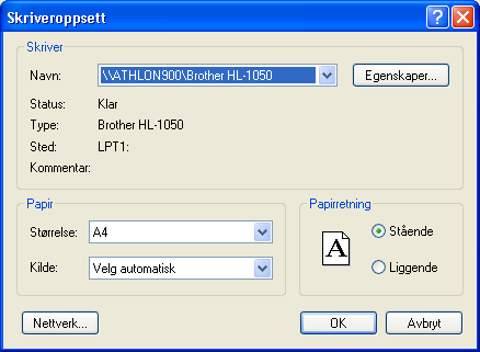 4.5 Skriverinnstillinger Vinduet 'Skriverinnstillinger' kan åpnes ved å klikke på 'Print Setup' i 'Fil'-menyen. 4.6 Papirtyper 'Skriver': Velg skriver med rullegardinknappen.