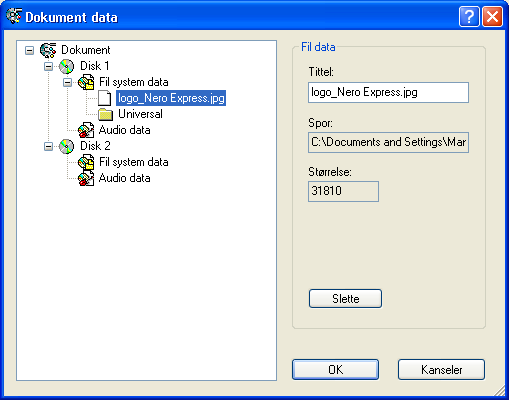 4. Klikk på 'OK'-knappen for å lagre endringene og lukk vinduet. 10.3.2 Slette filer og mapper 1. Velg 'Dokumentdata -kommandoen på 'Data -menyen og merk 'Fil system data'. 2.