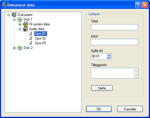 10.3.4 Slette spor 4. Klikk 'OK' for å lagre endringene og lukke vinduet. 1. Velg 'Dokumentdata'-kommandoen på 'Data -menyen og merk 'Lyd data'. 2. Klikk på '+'-knappen for å få vist sporene. 3.