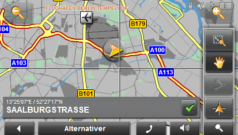 8.5 Kart i modus Søk destinasjon Kartet er alltid i modus Søk destinasjon når det vises et trådkors på kartet. Kartet endres ikke mens du kjører. Kartet vises alltid slik at nord er opp.