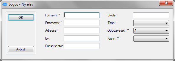 2.1.1 Ny Oppretter ny elev. Ved å trykke på denne knappen kommer du til skjermbildet for registrering av ny elev. Her fylles det inn aktuell informasjon om eleven i de ulike rubrikkene.