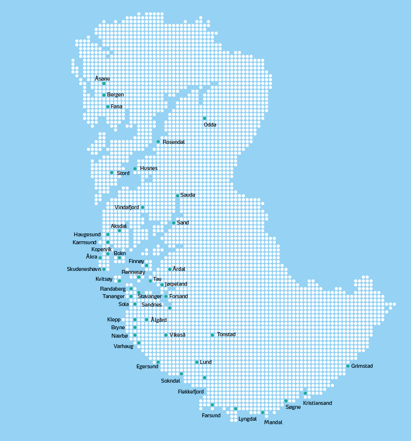 Hordaland (475.000) Vekstområde (2006 -) Rogaland (425.000) Kjerneområde (1839 -) Hovedkontor Agder (280.