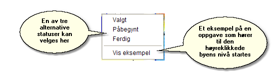 14 6.1.3 Funksjonsveiledning Elevens resultat En kan til enhver tid se hvor langt eleven er kommet i arbeidet ved hjelp av tre ulike fargekoder: Læreren kan høyreklikke på nivået i en by for å endre