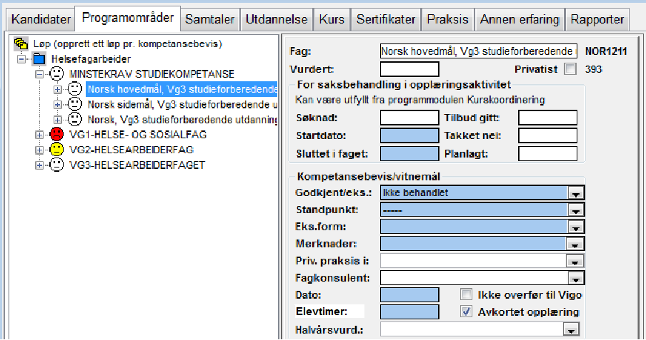 REGISTRERING SAMTALER REALKOMP.VURDERING OPPLÆRING DOKUMENTASJON RYDDING VEDL. OPPLÆRING Inntak til opplæring Saksbehandler skal sette dato for tilbud gitt og startdato for opplæring.