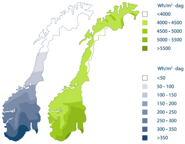 Figur 4.2: Innstrålt solenergi på plan flate i Norge, henholdsvis i januar og juli [52]. I Östersund er solinnstrålingen i løpet av et år som vist i figur 4.3.
