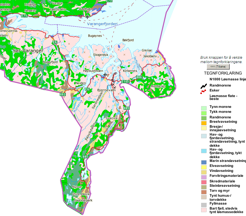 Figur 1-2: Geologisk overflatekart Sør-Varanger kommune. Kart er hentet fra www.ngu.no. De viktigste elvene i Sør-Varanger kommune er Pasvikelva, Neidenelva og Grense Jakobselv.