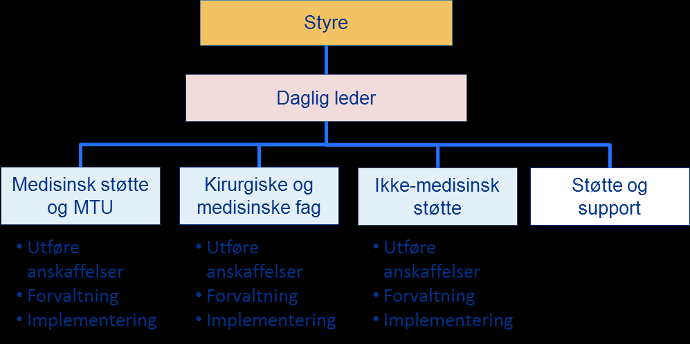 Det opprettes en stilling som daglig leder for det nye selskapet Det opprettes 3 nye stillinger som seksjonsleder for områdene Kirurgiske og medisinske fag, Medisinsk støtte og MTU og ikkemedisinsk