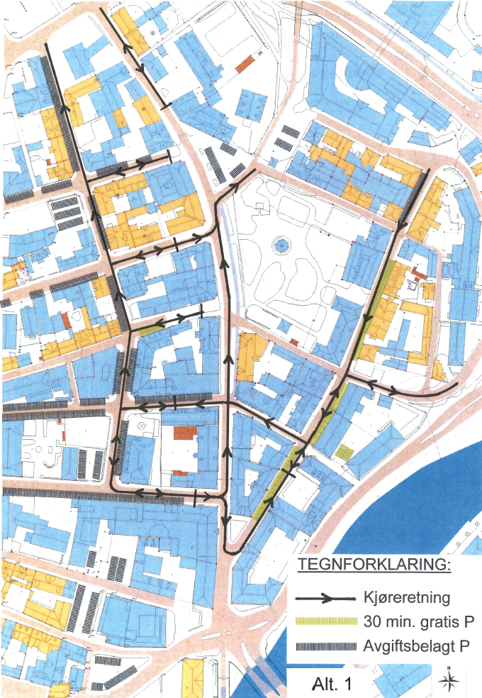 Alternativ 1. Illustrasjonen under viser innkjøring til Storgata fra Tordenskjolds gate. Trafikken ledes opp Storgata og ut Jacob Stuarts gate.