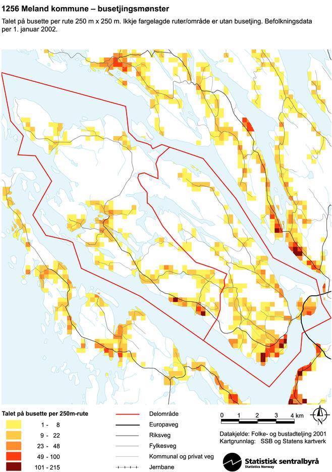 1.3 Meland kommune Busetnad Meland har i norsk samanheng ein relativt høg folketettleik, 72 innb/km2. Til samanlikning er tala for Hordaland 31 og Norge 15 innb/km2.