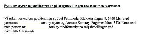 Saksbeh.:Helge Skjeggerud Arkivnr.: U62 &18 Arkivsaknr.:11/317 05.05.2011 34/11 SKIFTE AV SALGSBESTYRER KIWI Vedlegg: Ingen Saksopplysninger: NG KIWI Buskerud as skriver slik i søknad av 11.04.