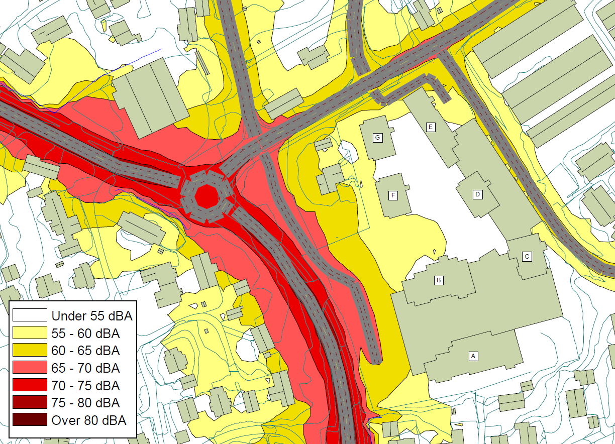 3.3 Beregningsresultater og vurderinger Tre støysonekart er vedlagt som viser dagens situasjon, prognosesituasjon for 2021 uten utbygging, og prognosesituasjon 2021 med utbygging av