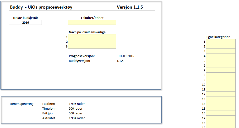 2.0 Forside Buddy viser inneværende års prognose samt prognoser for de neste 5 årene. Første budsjettår er påfølgende år, dvs at i 2015 er første budsjettår 2016.