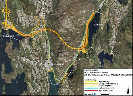 Alternativ 4 vil sikre god framkommelighet for kollektivtrafikken mellom Storavatnet og Liavatnet langs eksisterende veg.