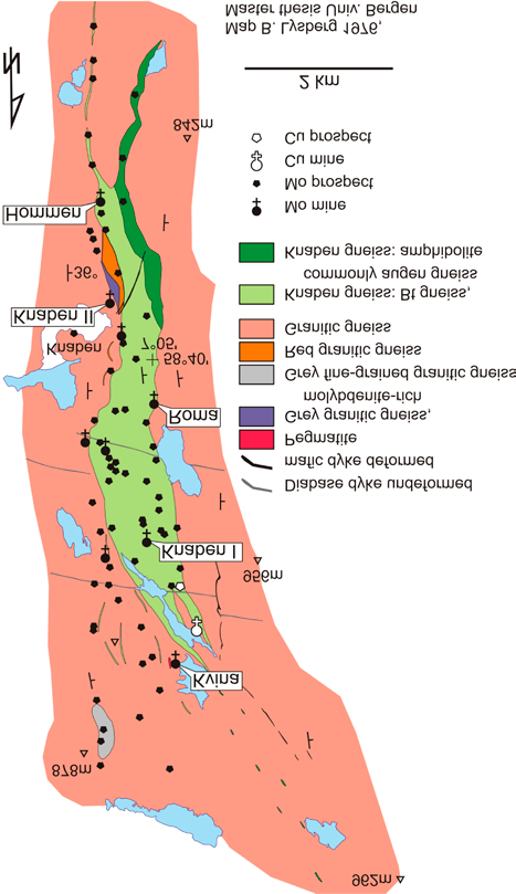 Figur 15: Nordli feltets geologi og tverrsnitt, basert på Pedersen (1986) fra Ihlen (2012) Knaben Molybdenforekomster er funnet i mange deler av Agderfylkene med over 30 forekomster i Knaben feltet