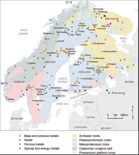 Viktige malm- og mineralforekomster i Norden og NV Russland (Eilu, 2011) (kart basert på data fra FODD Fennoscandian Ore