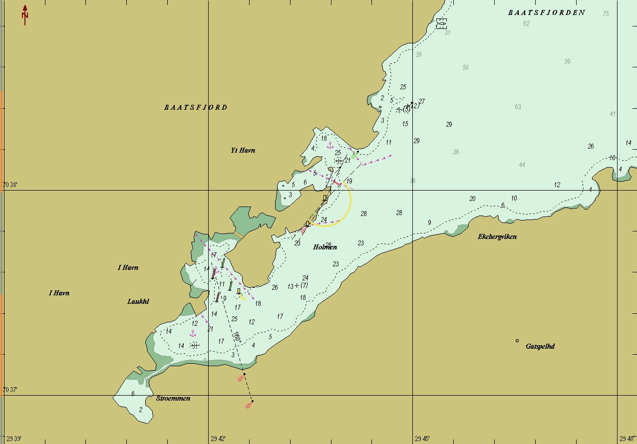 6.1 Inndeling av Båtsfjord havn i delområder Indre deler av Båtsfjorden kan naturlig deles inn i fire områder med hensyn til kartlegging av miljøgiftbelastning, samt kilder for disse (Figur 34):!