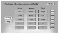 78 Instrumenter og betjeningselementer Angi startdato for sommer-/vinterplan I skjermen Velg elektrisk driftsplan, trykker du Sommer-/vintertidsplan og deretter Rediger. 1. Trykk Sommerstart. 2.