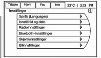 Instrumenter og betjeningselementer 85 Kjøretøysmenyen kan inneholde: Klima og luftkvalitet Hygge og nytte Språk Eutvendig belysning Sentrallås Fjernlåsing, låse opp, starte Gjenopprett