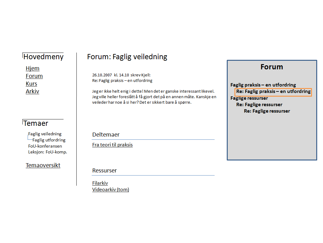 Figur 18: En mulig prototype på et forumgrensesnitt integrert i et tematisert grensesnitt som i studentgruppas løsning. Fil- og dokumentarkivet bør tilby lettforståelig opp- og nedlastning av filer.