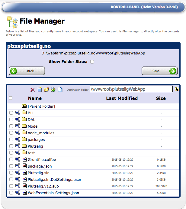 Bilde 7.4: File Manager som viser vårt opplastede prosjekt på servern og dens plassering. 7.9.2 Driftsoppgaver på serveren.