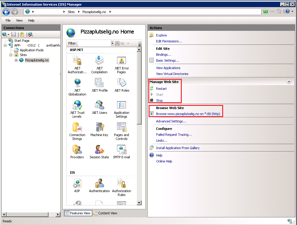 For å stoppe og starte IIS for å få opp siden kan man prøve følgende instruks: 1. Starte å stopp gjennom en UI: a. Start IIS manager og naviger ned til siten. b.