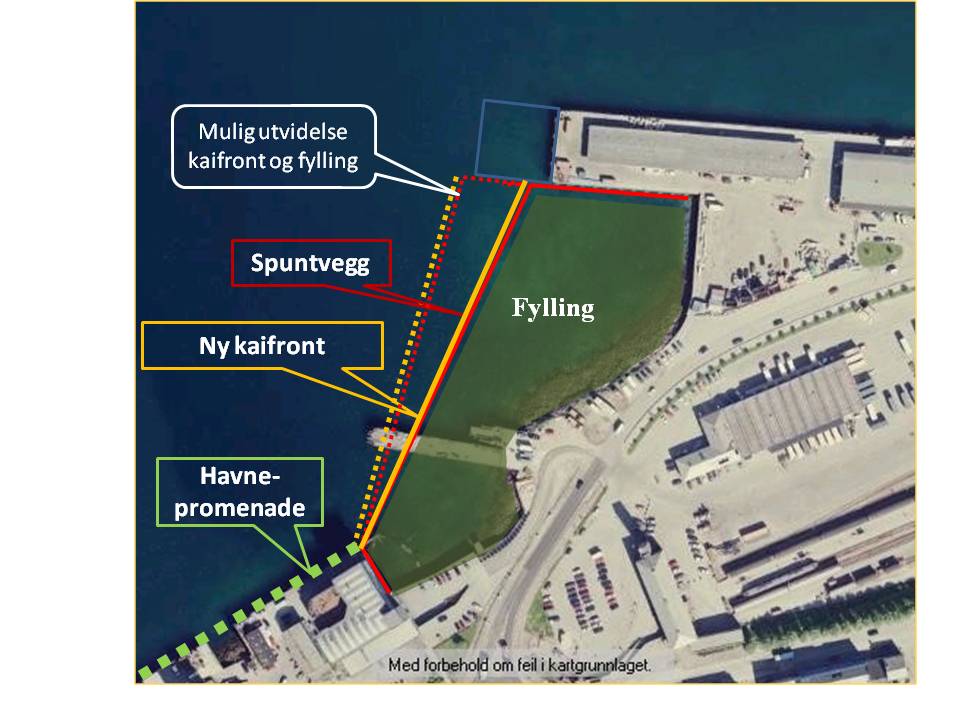 - Fra geoteknisk hold anbefales en spuntkai som er frittstående i forhold til både Jernbanekaia og fundamenteringen for NRKkomplekset.