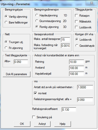 Før selve utjevningen kunne starte stilte vi inn parameterne for : Utjevning Figur 18-Utjevning. (Bilde: skjermdump fra Gis-Line). Utjevningen foretok vi i 3D, uten tileggsukjente.