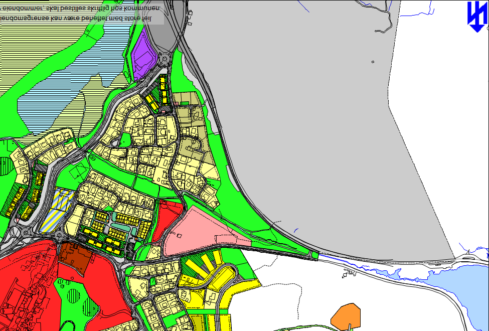 Her et nyere eksempel på planlegging av boligområder i Skåredalen øst i Haugesund. Gang- og sykkeltrafikk er ikke hensyntatt uten som nødløsninger.