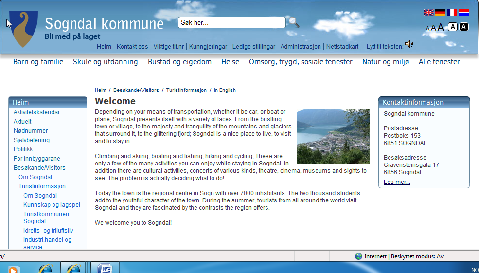 Figur 14: Sogndal - engelsk nettside Utover desse nettsidene retta mot turistar er all informasjon på nettsidene på norsk, også skjema som er gjort tilgjengeleg gjennom Sjølvbeteningsfeltet.