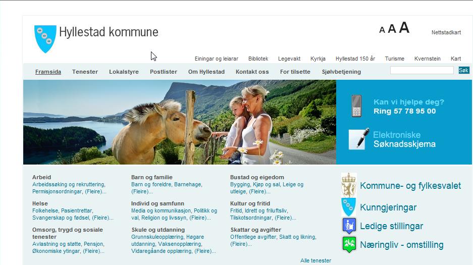 Nedst på nettsida står riktig nok adressa til Hyllestad kommune, med telefonnummer, postadresse og e-postadresse. Heller ikkje e-postadressa er klikkbar.